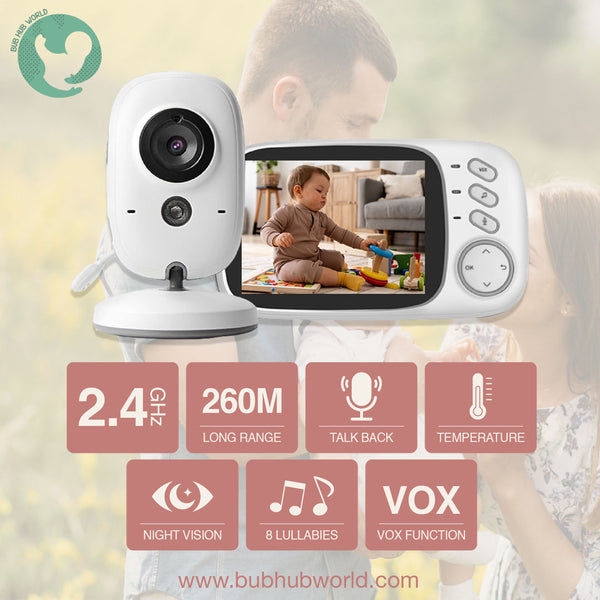 Feature of baby monitor, 2.4GHz, 260M long range, talk back, night vision, 8 built-in lullabies, and vox function.